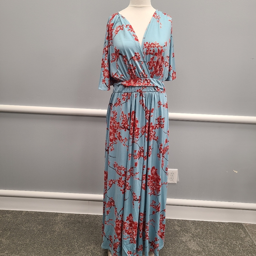 Kiyonna Vienna Light Blue and Red Floral Maxi Dress